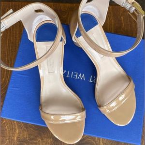 Stuart Weitzman LessNudist 75 Strap Sandal, Nude Patent Leather, 8W US
